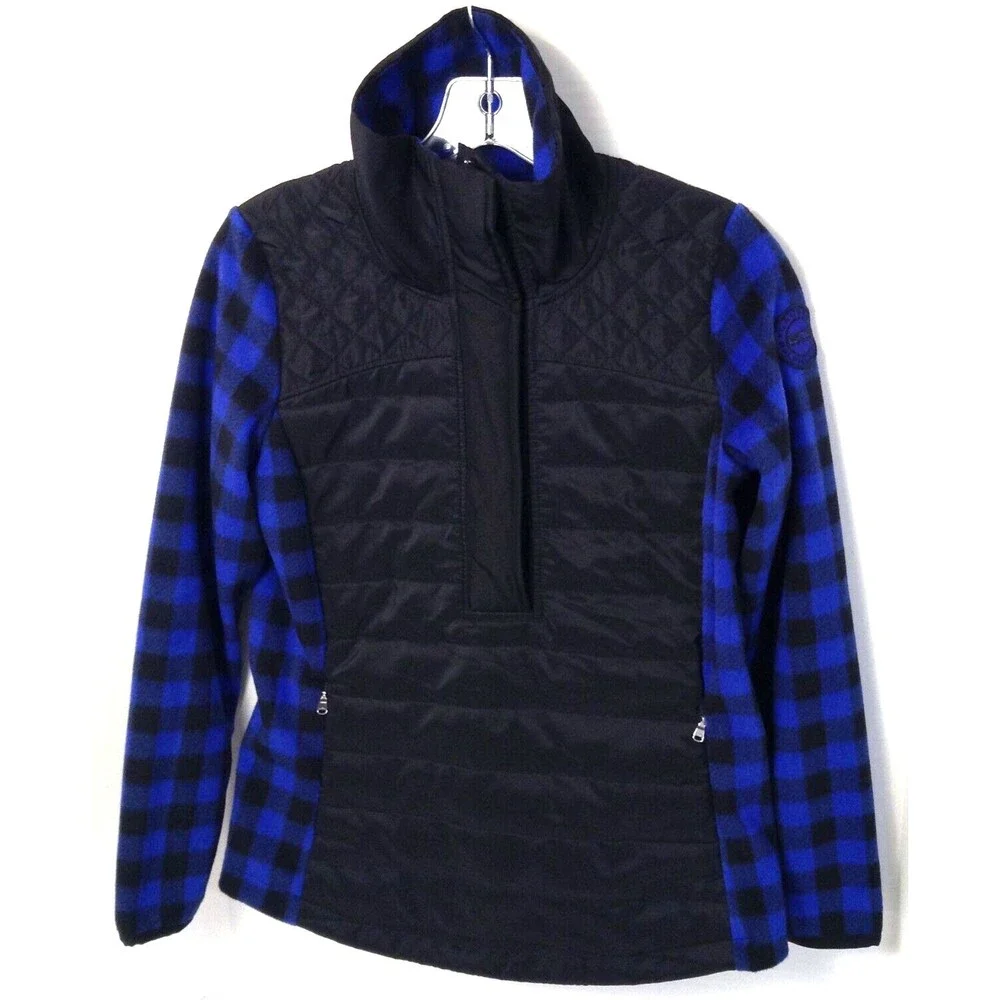L-RL Lauren Active Jacket Wm PS Blue Black Check 1/2 Zip Quilted Fleece Outdoors